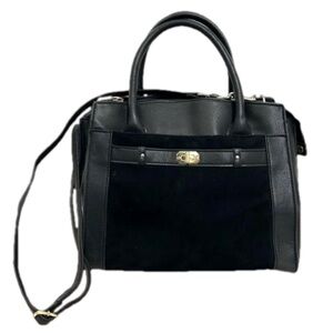 Large Black Shoulder Handbag Faux Suede Leather with‎ gold hardware